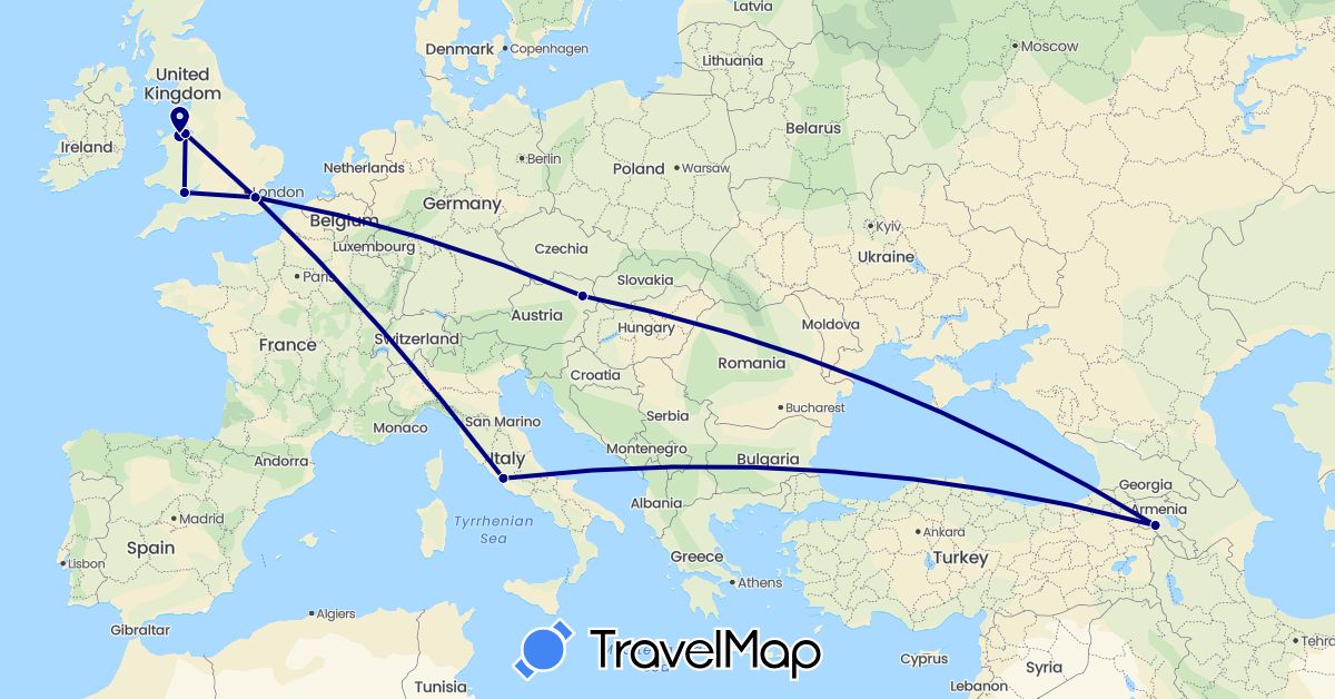 TravelMap itinerary: driving in Armenia, Austria, United Kingdom, Italy (Asia, Europe)